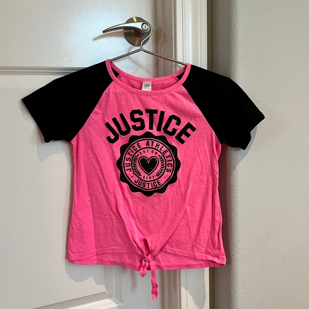 Justice Kids Tee Pink and Black with Front Tie Detailing Size 12